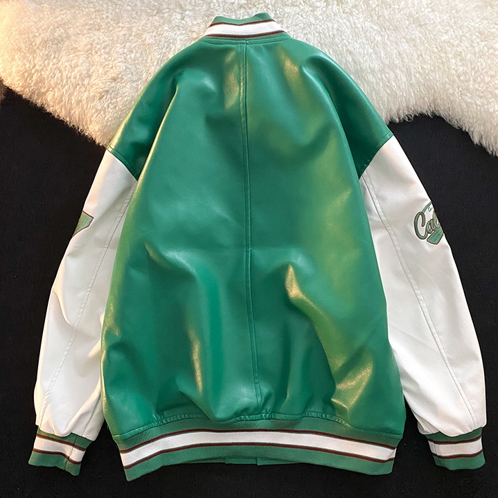 Áo khoác bomber da PU thêu chữ logo bóng chày màu cực độc unisex nam nữ hip hop