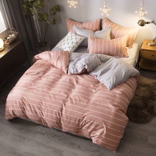 [Giá rẻ] Set Chăn Ga Poly Kẻ Hồng Đỗ Uy tín