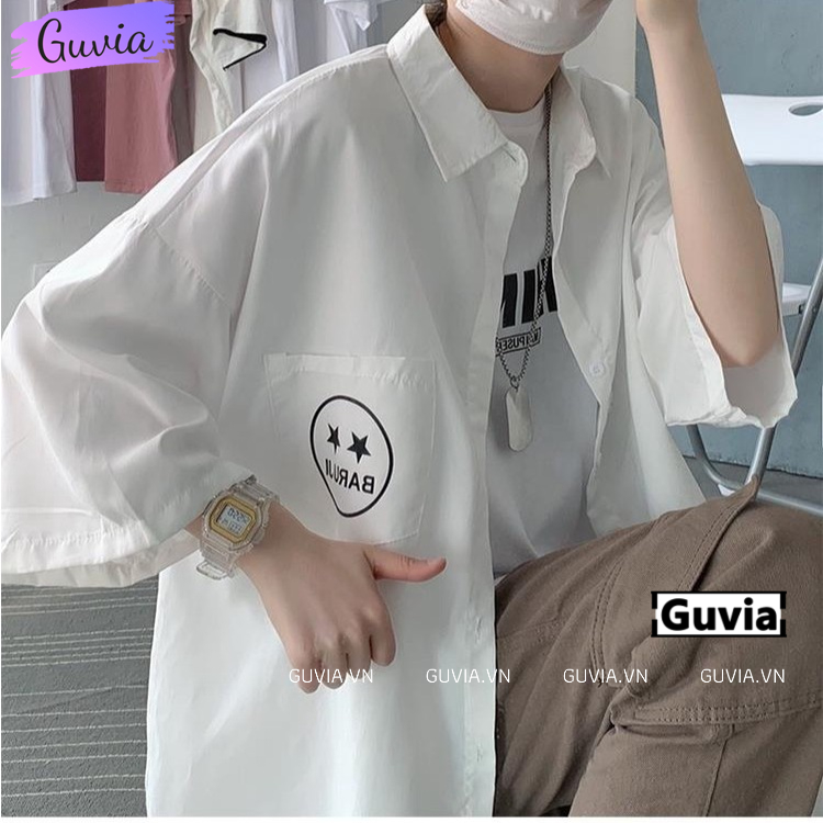 Áo Sơ Mi BARU JI Tay Ngắn Mặt Cười Unisex, Áo Sơ Mi Kaki Tay Lỡ Nam Nữ GUVIA