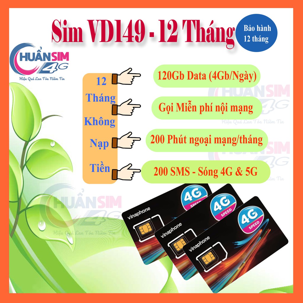 Sim 4G Vina VD149 VD89 D60G Miễn Phí Data 4GB - 2GB/1Ngày Và Gọi 12 Tháng Không Cần Nạp Tiền