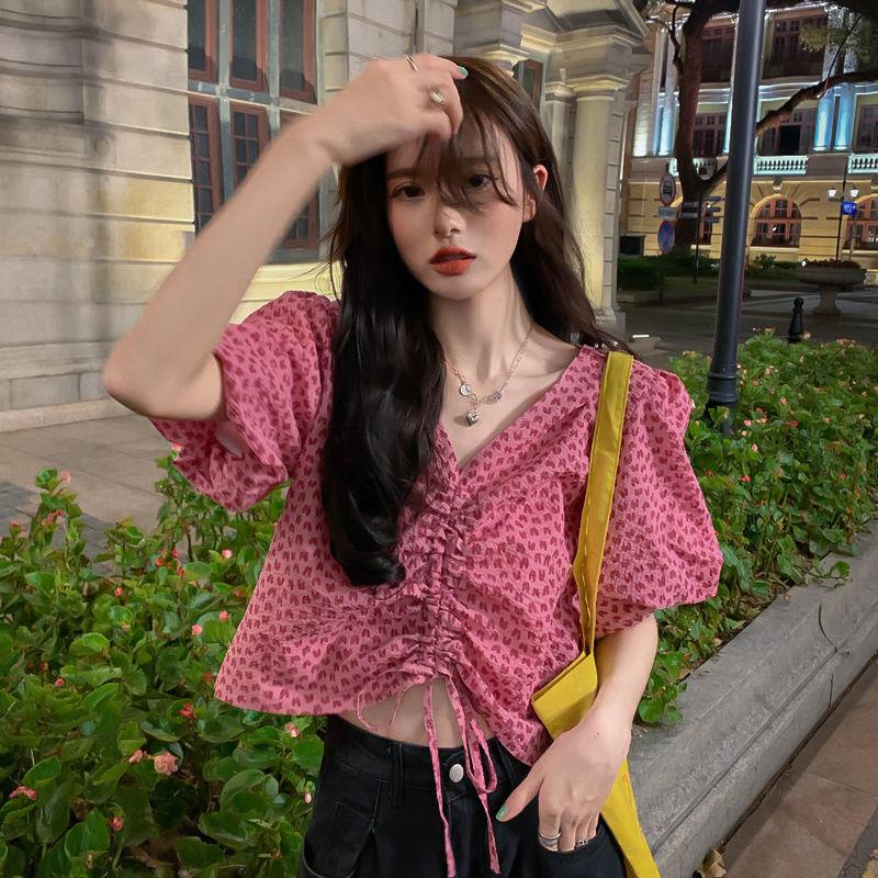 Áo Sơ Mi Cổ Chữ V Tay Ngắn Có Dây Rút In Hình Trái Tim Size S-2XL Thời Trang Mùa Hè Hàng Mới Dành Cho Bạn Nữ 2022