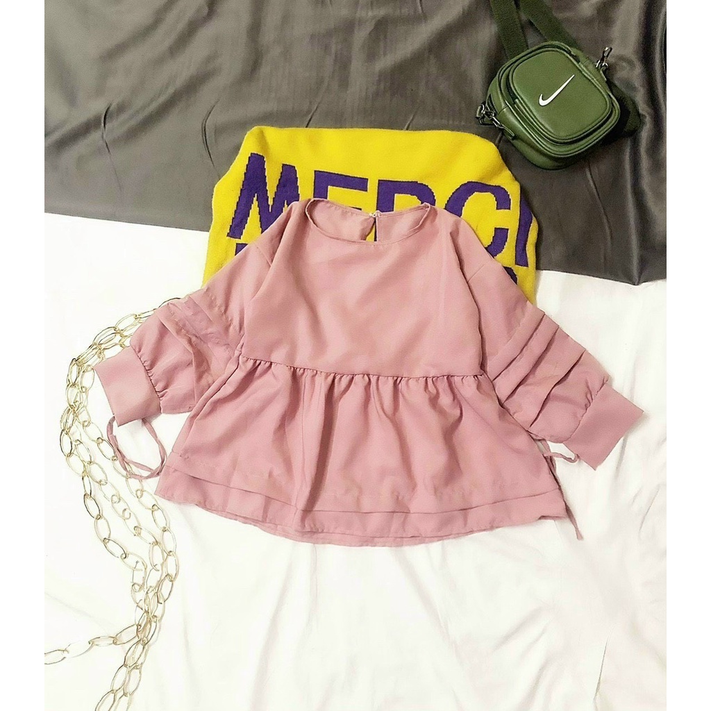Áo babydoll tay phồng xếp ly tầng cột dây nơ tay NA