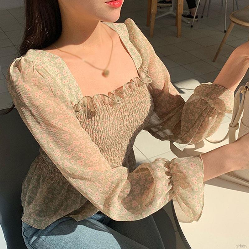 Áo Voan Dài Tay In Hoa Với Thiết Kế Cổ Vuông Xinh Xắn Theo Phong Cách Retro Hàn Quốc | BigBuy360 - bigbuy360.vn