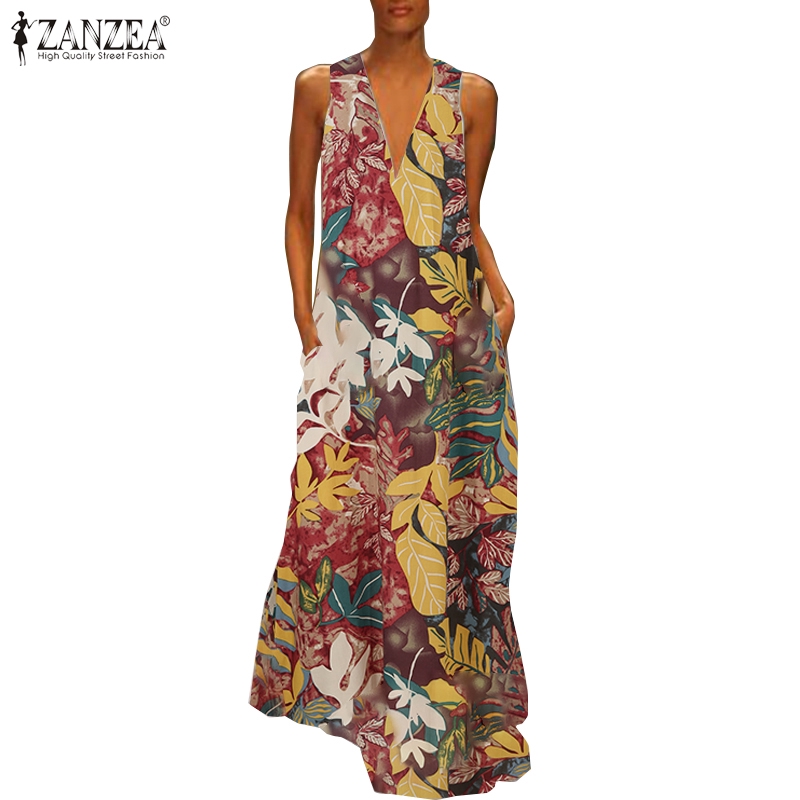 ZANZEA Đầm Maxi Nữ Không Tay Cổ Chữ V In Hoa Thời Trang | BigBuy360 - bigbuy360.vn
