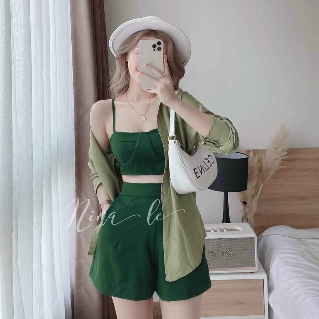 Set 3 Món Áo Sơ Mi Tơ Xước Và Quần Ngắn Kèm Áo Trong Có Mút Ngực Rose Fashion