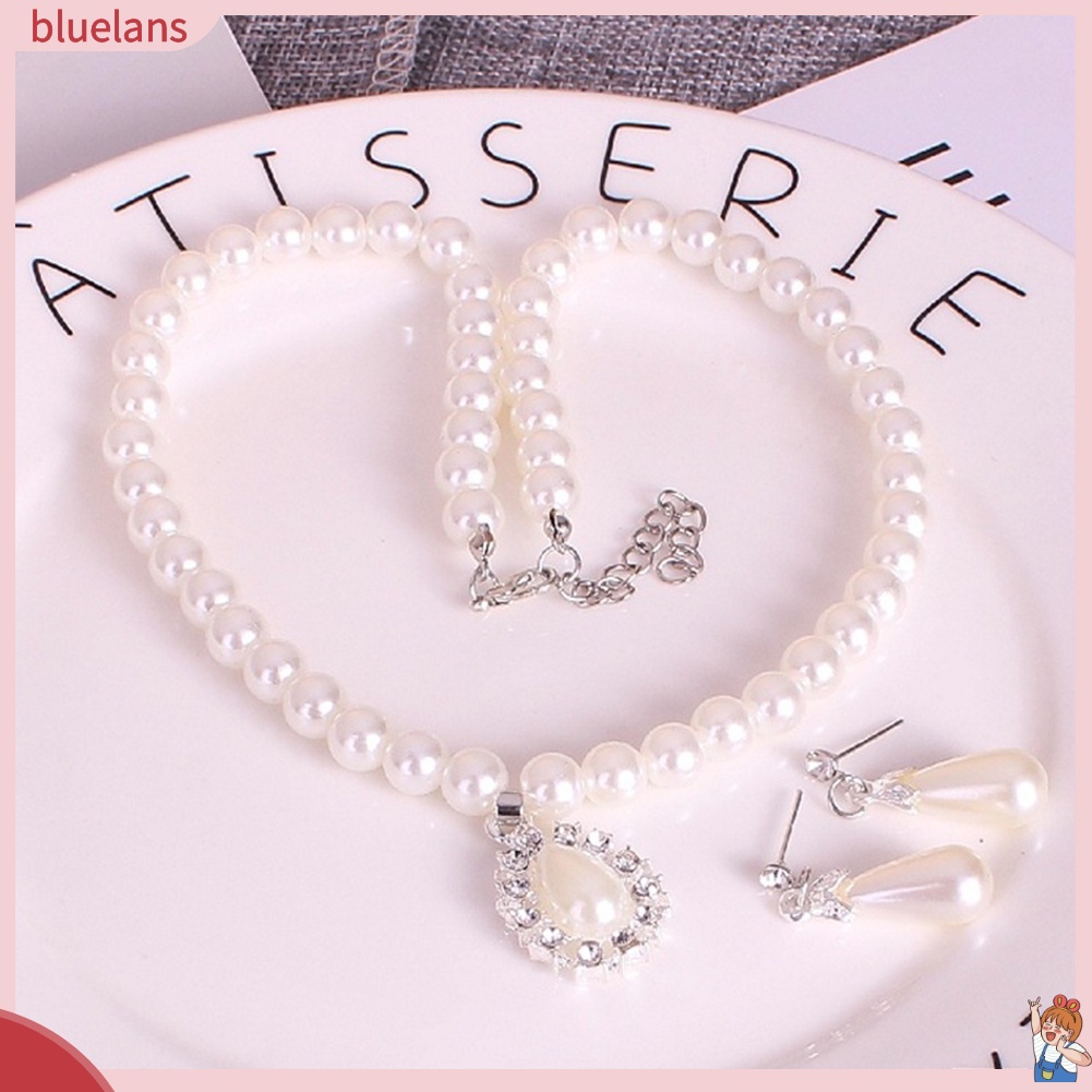 Bộ Vòng cổ + Bông Tai Đính Đá &amp; Ngọc Trai Nhân Tạo Hình Giọt Nước BLUE2