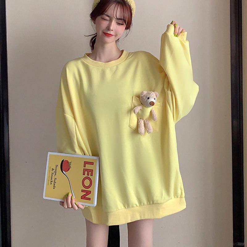 Áo Sweater Nữ Tay Dài Dáng Rộng In Hình Gấu Dễ Thương Phong Cách Hàn Quốc