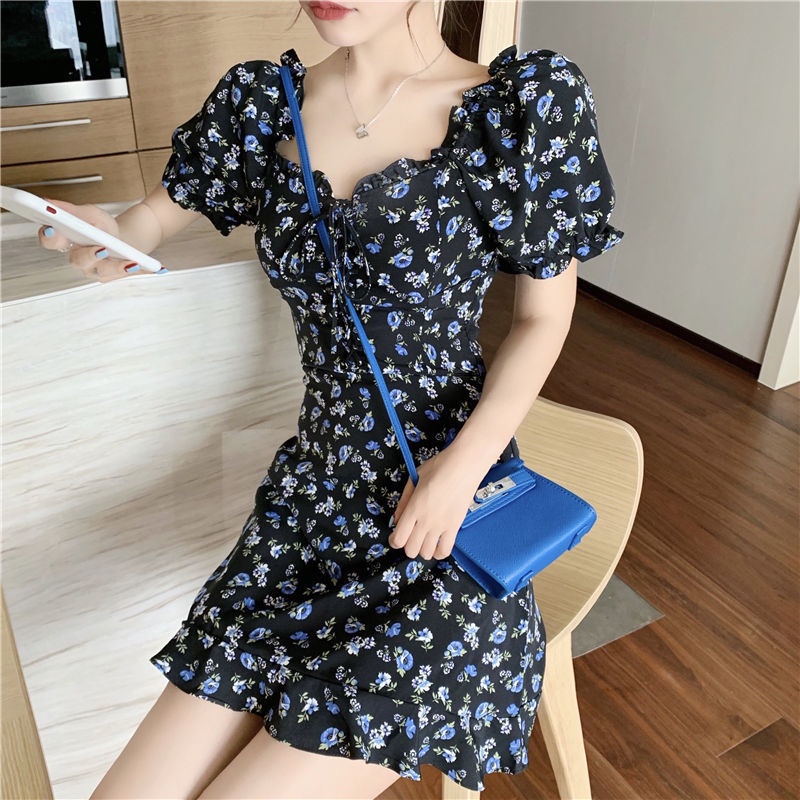Đầm ngắn in hoa phong cách retro Pháp cho nữ