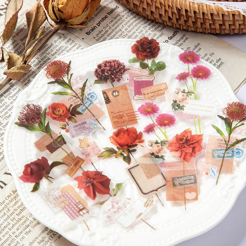 Set 30 miếng dán hình hoa bướm chất liệu PET chống thấm nước phong cách cổ điển dùng trang trí sổ tay tự làm