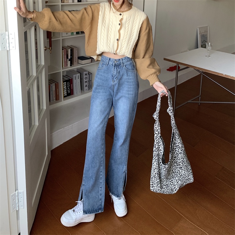 Quần jeans dài lưng cao ống rộng thời trang cho nữ