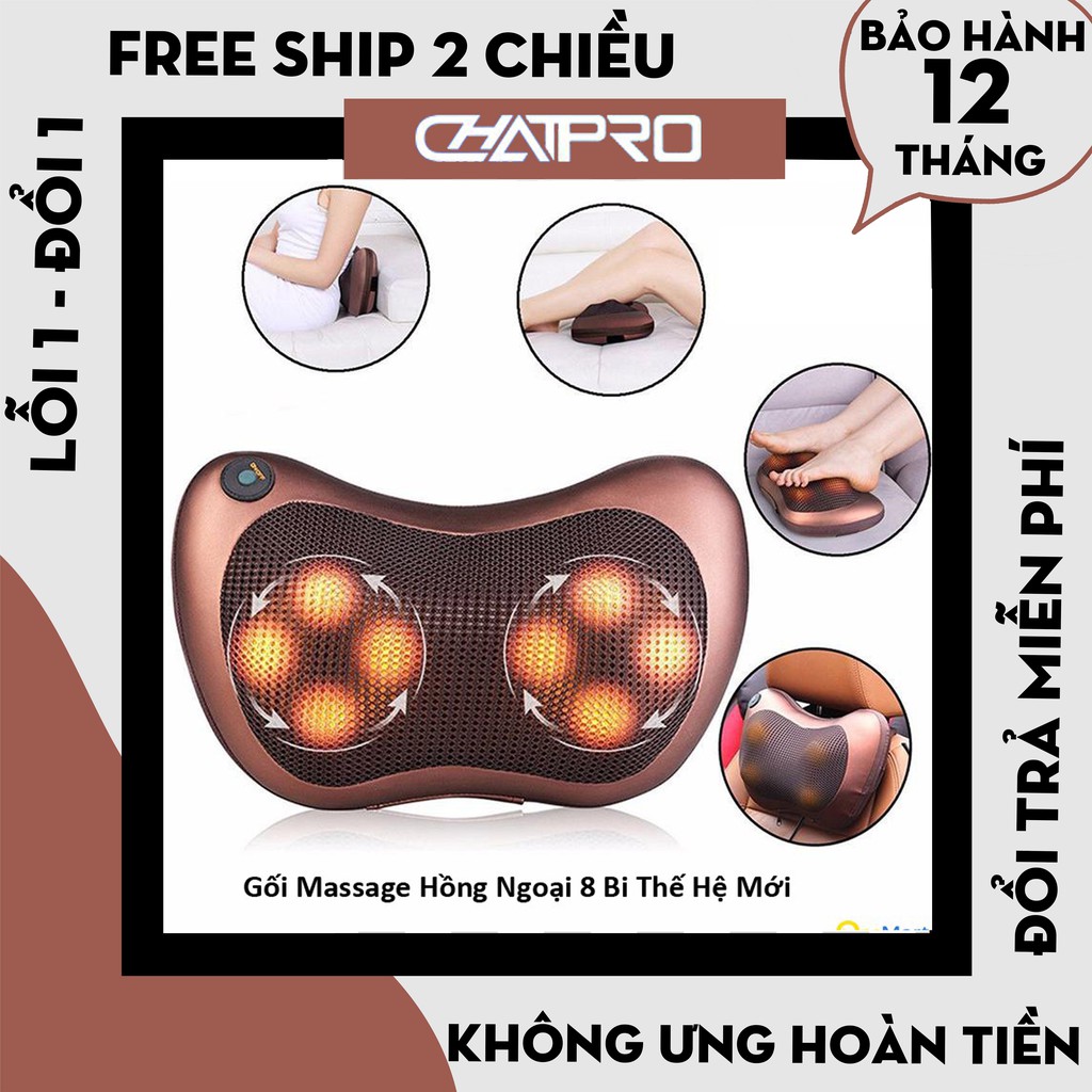 [Bảo Hành 12 Tháng] Gối massage hồng ngoại 8 bi cao cấp, gối matxa hồng ngoại dùng được cho cả ô tô xe hơi