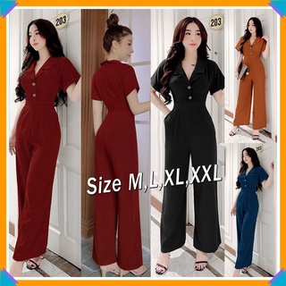 Jumpsuit Dài 💕FREESHIP💕 Jum dài ống suông cổ vest phối 2 nút dây kéo sau lưng xinh xắn TJ1118