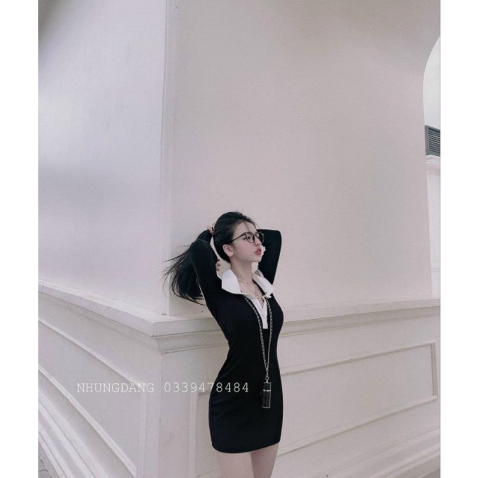 Đầm Thun Ôm Body Kẻ Sọc Ngang Cổ Polo Tay Dài Khoét Hở Vai Dáng Ngắn Sexy | BigBuy360 - bigbuy360.vn