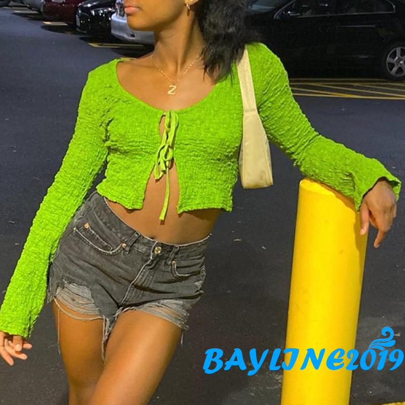 Áo Croptop Tay Dài Màu Trơn Thiết Kế Gợi Cảm Dành Cho Nữ