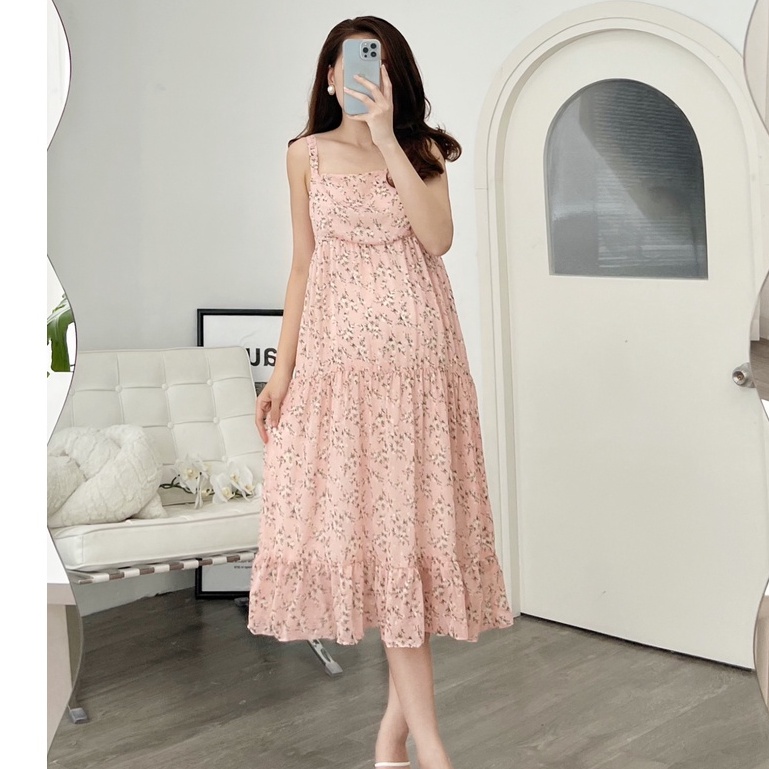 MEDYLA - Đầm bầu dự tiệc mùa hè thiết kế 2 dây tơ ép lót lụa cho bầu đi chơi du lịch dự tiệc - VS1022