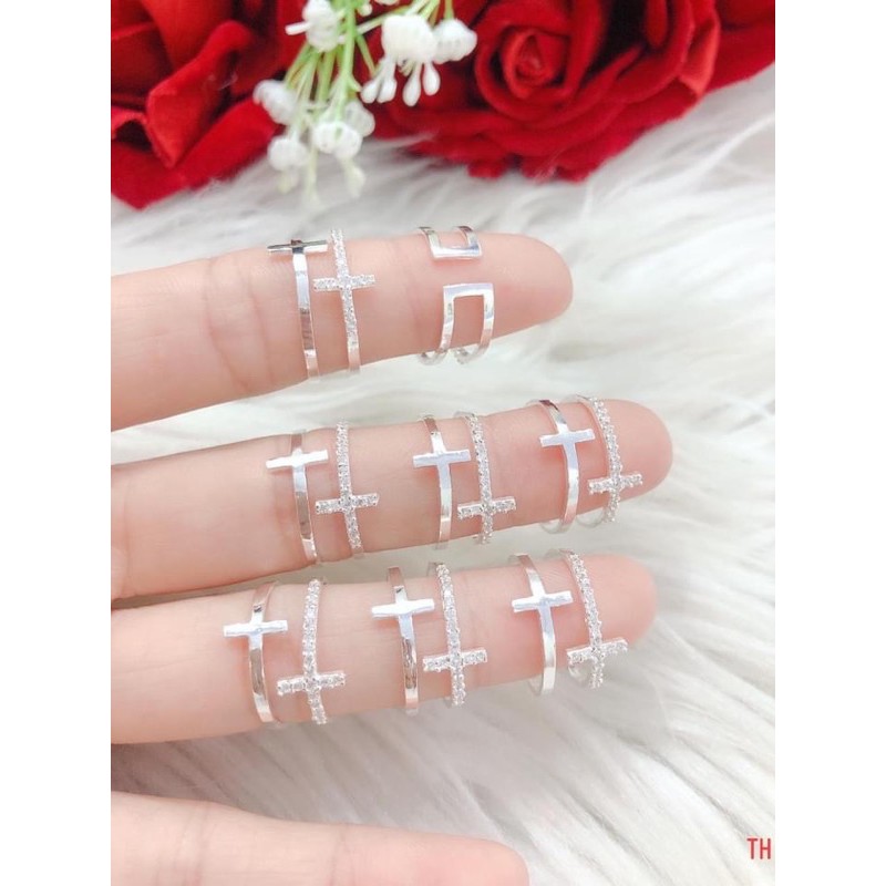Nhẫn nữ thánh giá kép đính đá nhân tạo bạc ta , kiểu hở dễ đeo