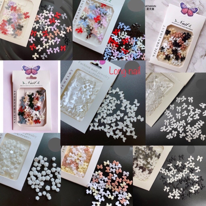 Phụ kiện charm nơ, hoa, gấu, thỏ, ngọc, thương hiệu các loại trang trí đính móng siêu cute