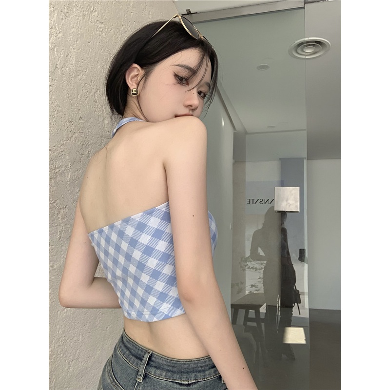 Áo hai dây Cổ Yếm Kẻ Sọc Caro Nhiều Màu Sắc Ngọt Ngào Kiểu Mỹ Cổ Điển