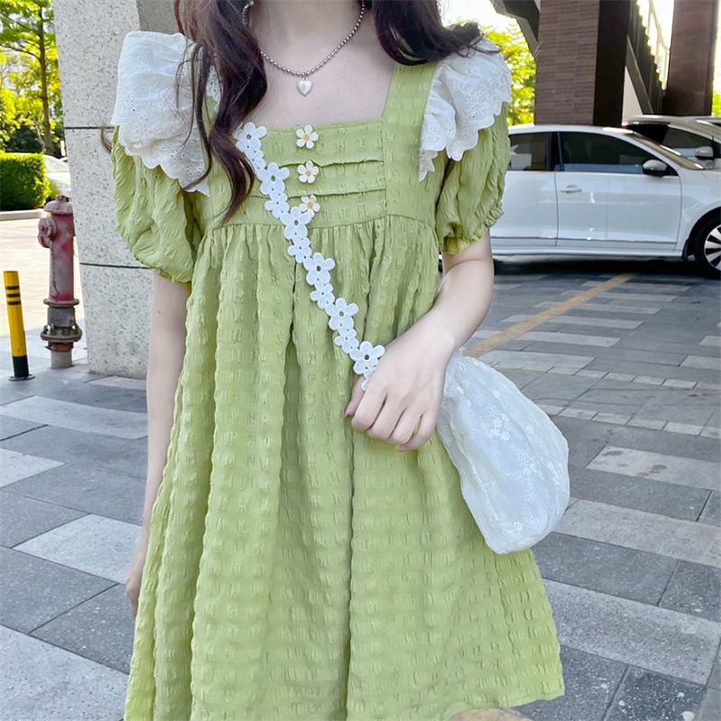 Đầm babydoll Đầm Dáng Chữ a Tay Bay Phối Ren Họa Tiết Hoa Cúc Màu Xanh Lá Ngọt Ngào Thời Trang Mùa Hè Cho Nữ