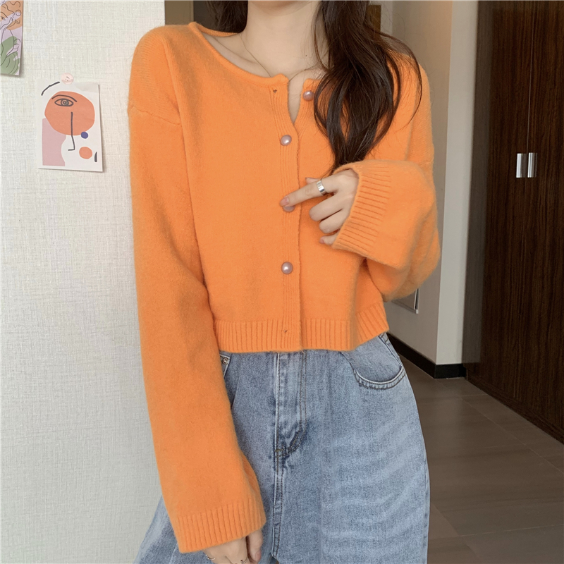 Xiaozhainv Áo Cardigan dệt kim màu trơn tay dài phong cách Hàn Quốc dễ phối đồ