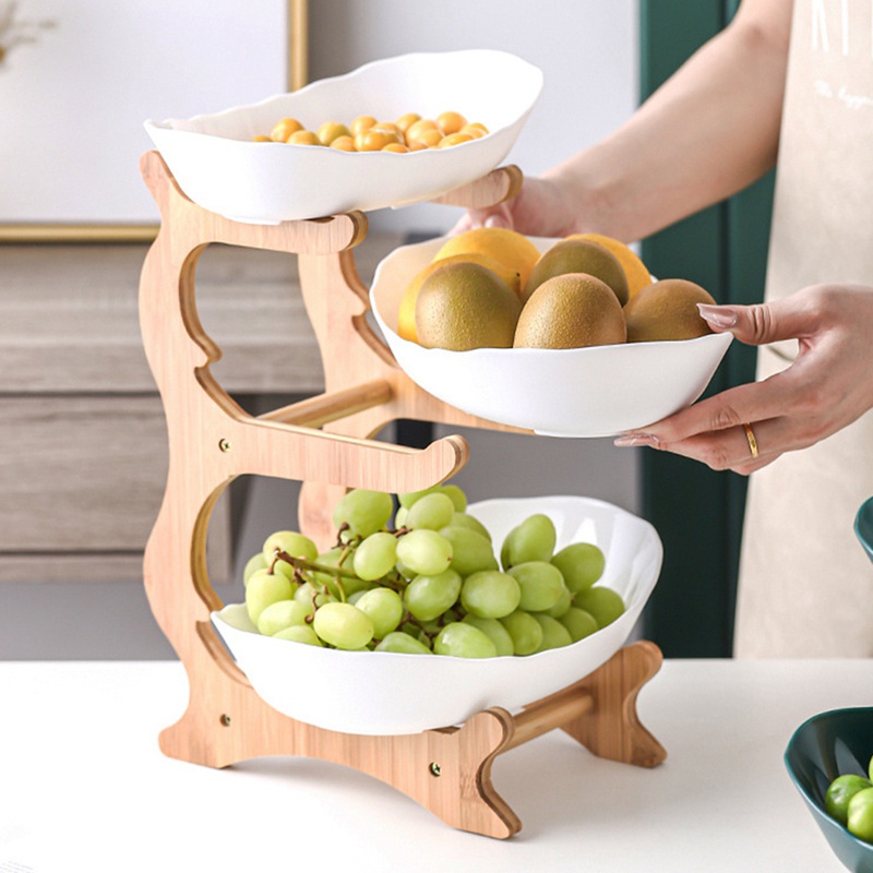 Khay đựng trái cây/ bánh kẹo 3 tầng kèm giá đỡ bằng gỗ tiện dụng cho nhà bếp