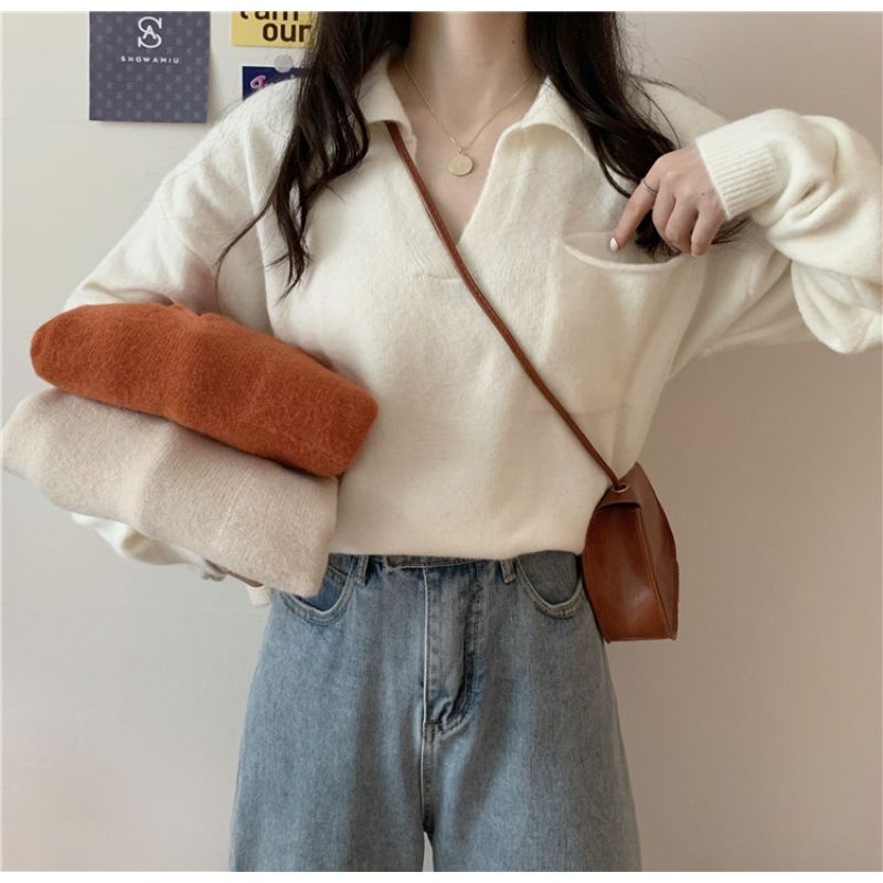 Áo sweater dệt kim cổ chữ V dáng rộng mềm mại phong cách retro