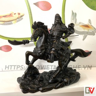 Tượng đá Quan Công phong thủy cầm đao cưỡi ngựa - Chiều dài 25cm - Đá composite - Màu nâu đen