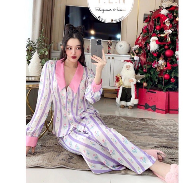 pijama tay phồng hồng lụa satin cao cấp quảng châu