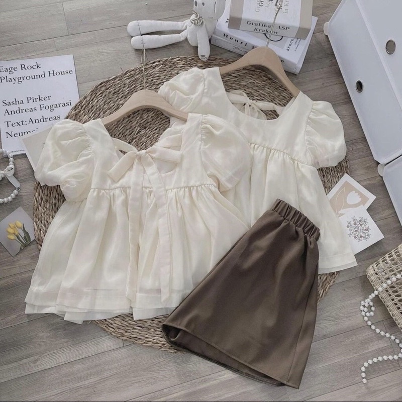 Set áo babydoll tay bồng kèm quần sooc nâu
