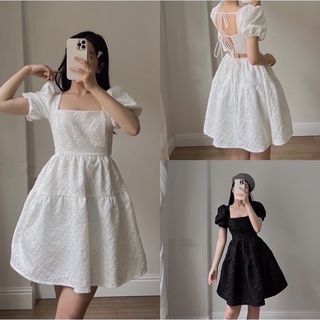 Váy Babydoll tay bồng công chúa, đầm xòe cổ vuông hở lưng có mút ngực, chất gấm xốp đen, trắng, xanh mint