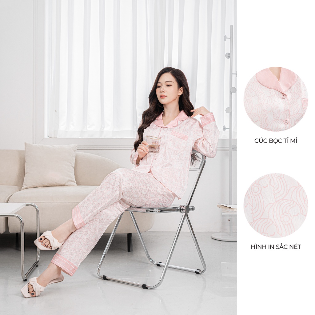 Bộ ngủ mặc nhà satin ZAM Luxury - DTA89 - áo dài tay quần dài hoạ tiết