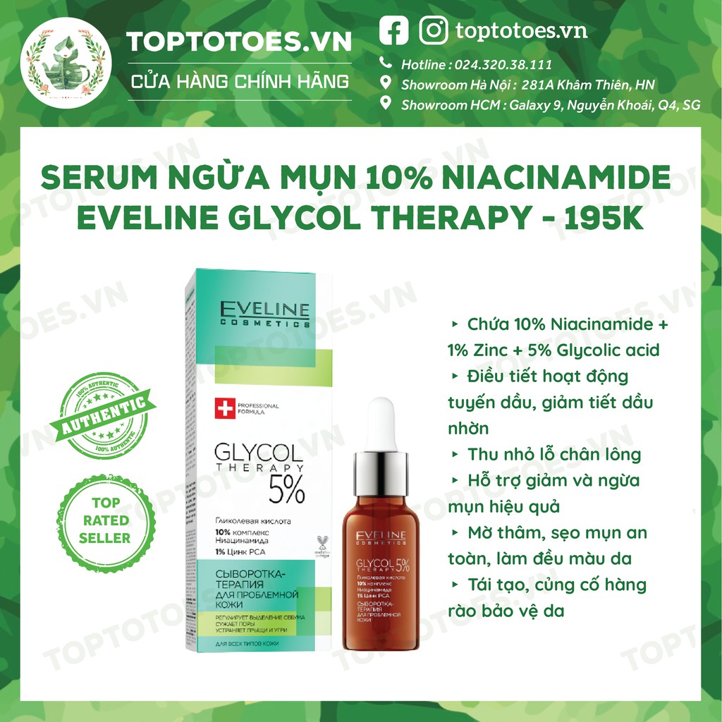 Serum Eveline Glycol Therapy 10% Niacinamide ngừa mụn, mờ thâm, giảm dầu nhờn cho da láng bóng, đều màu