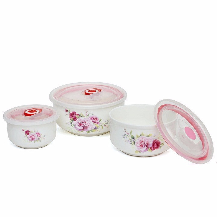 Bộ 3 bát sứ lạnh không tai mẫu hoa cao cấp