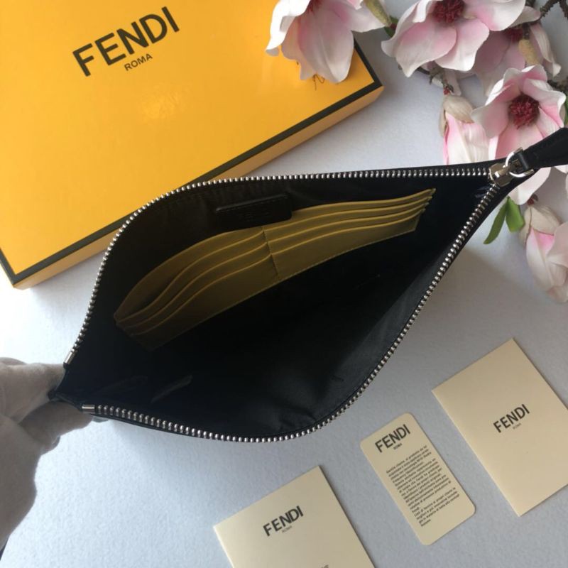 clutch cầm tay nam nữ da thật dáng dài kéo khóa có quai cầm tay họa tiết mắt màu vàng Fendi FD