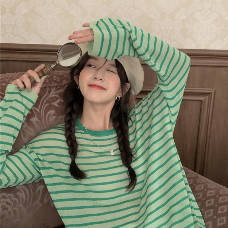 Áo thun ZHELIHANGFEI tay dài dáng rộng kẻ sọc chống nắng thời trang