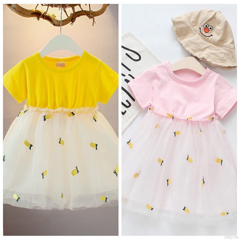 ♕ babyme ღ Baby Girl Pineapple Printing Short Sleeve Casual Dresses Princess Mesh Dress