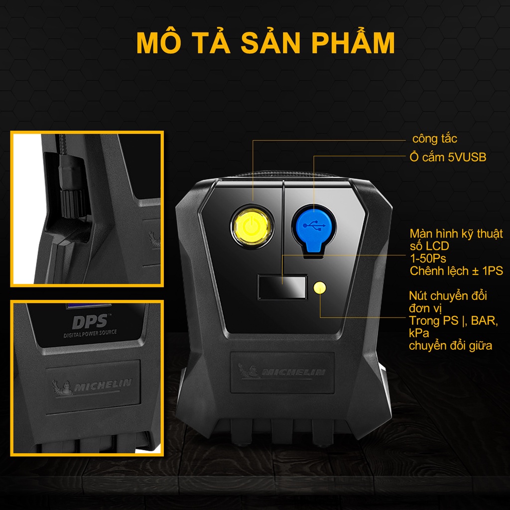 Máy Bơm Lốp Ô tô Michelin Cao Cấp Đa Năng Tự Ngắt 12v xe hơi Cho Xe Hơi từ 4 đến 16 chỗ，xe máy máy bơm lốp