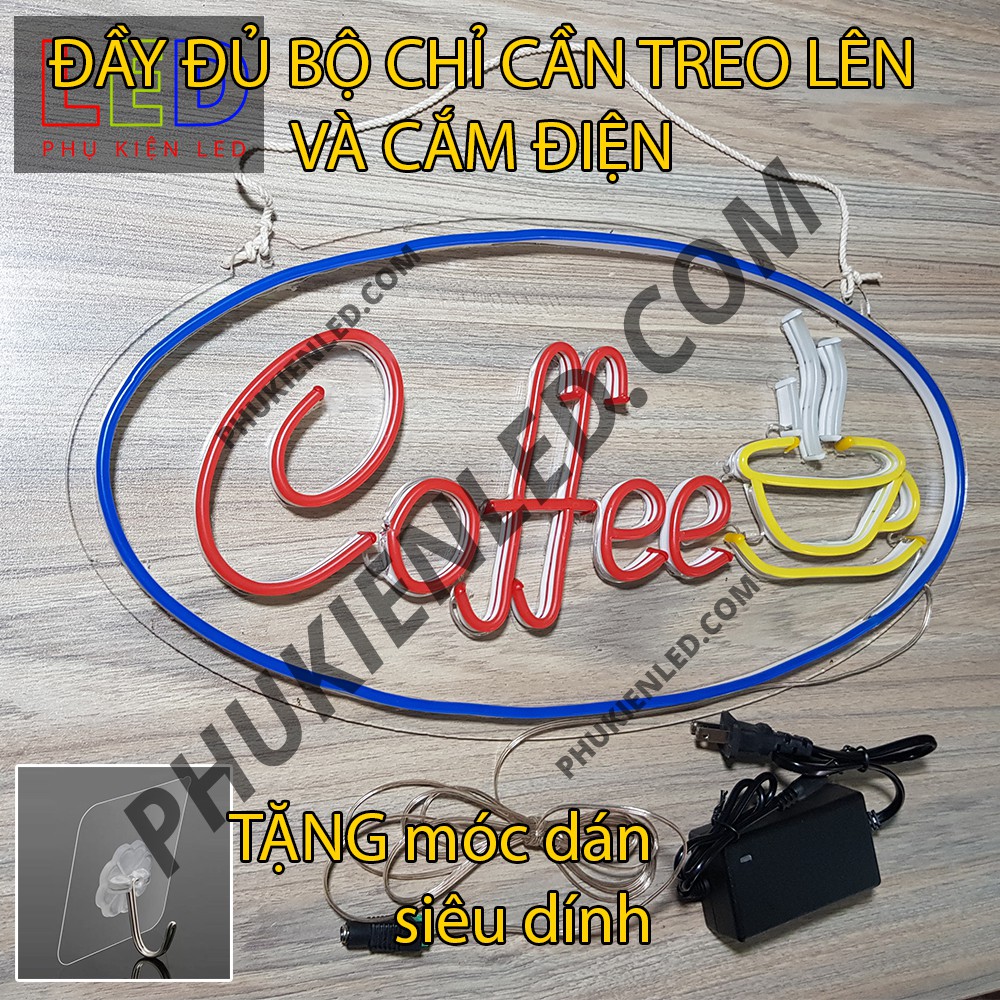 Đèn Led Neon Chữ Coffee và ly cà phê hình Oval - Coffee Neon Sign, Đèn Led Neon Cà Phê Trang Trí Quán