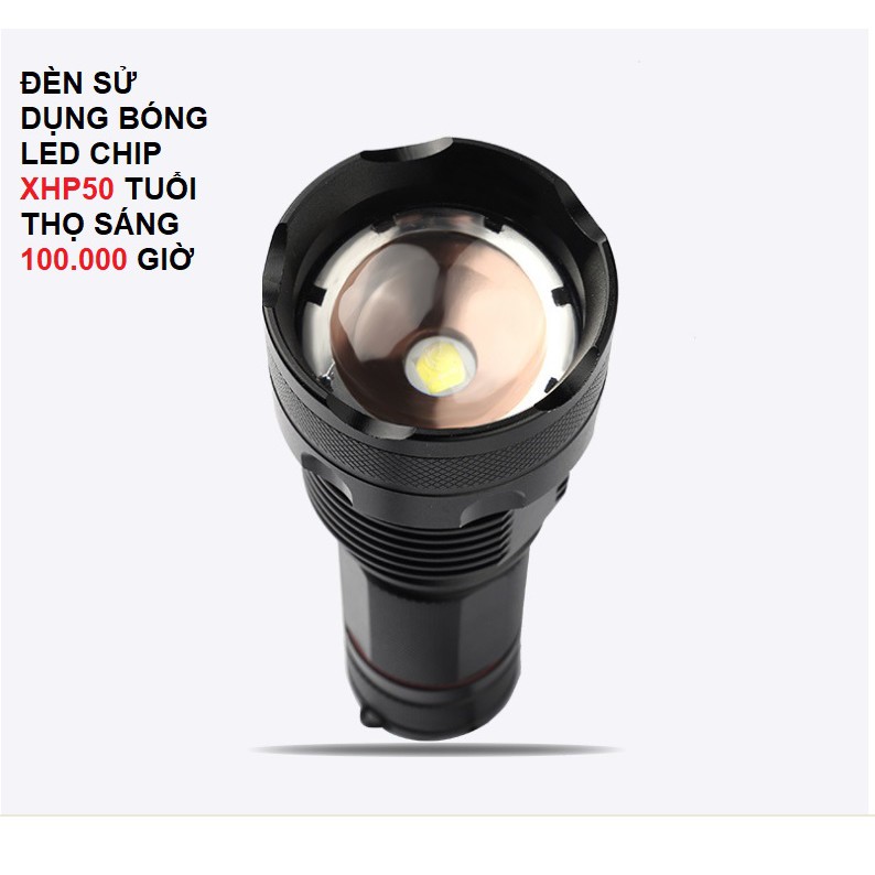 Đèn pin led cầm tay 30W chiếu xa 500m bằng hợp kim nhôm sử dụng pin sạc 26650 tặng kèm pin