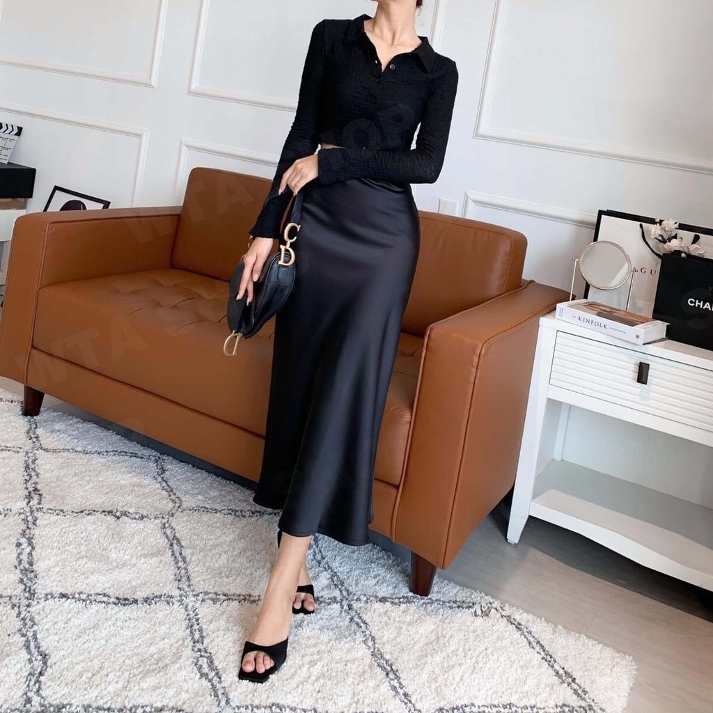 Chân váy dài chữ a qua gối  công sở đẹp 2021 vải satin ulzzang phong cách hàn quốc WTAShop | BigBuy360 - bigbuy360.vn