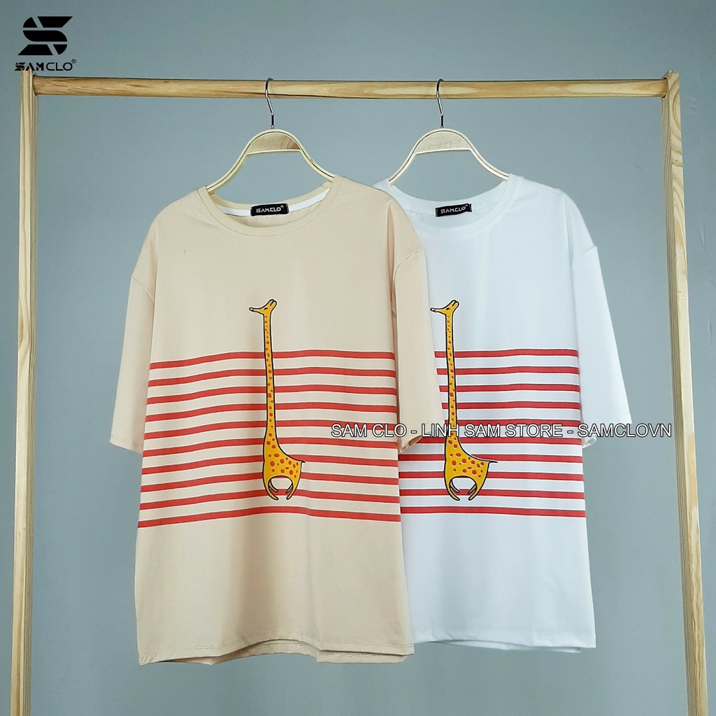 Áo thun tay lỡ nữ freesize phông form rộng dáng Unisex - Ulzzang mặc cặp, nhóm, lớp sọc in hình HƯƠU CAO CỔ