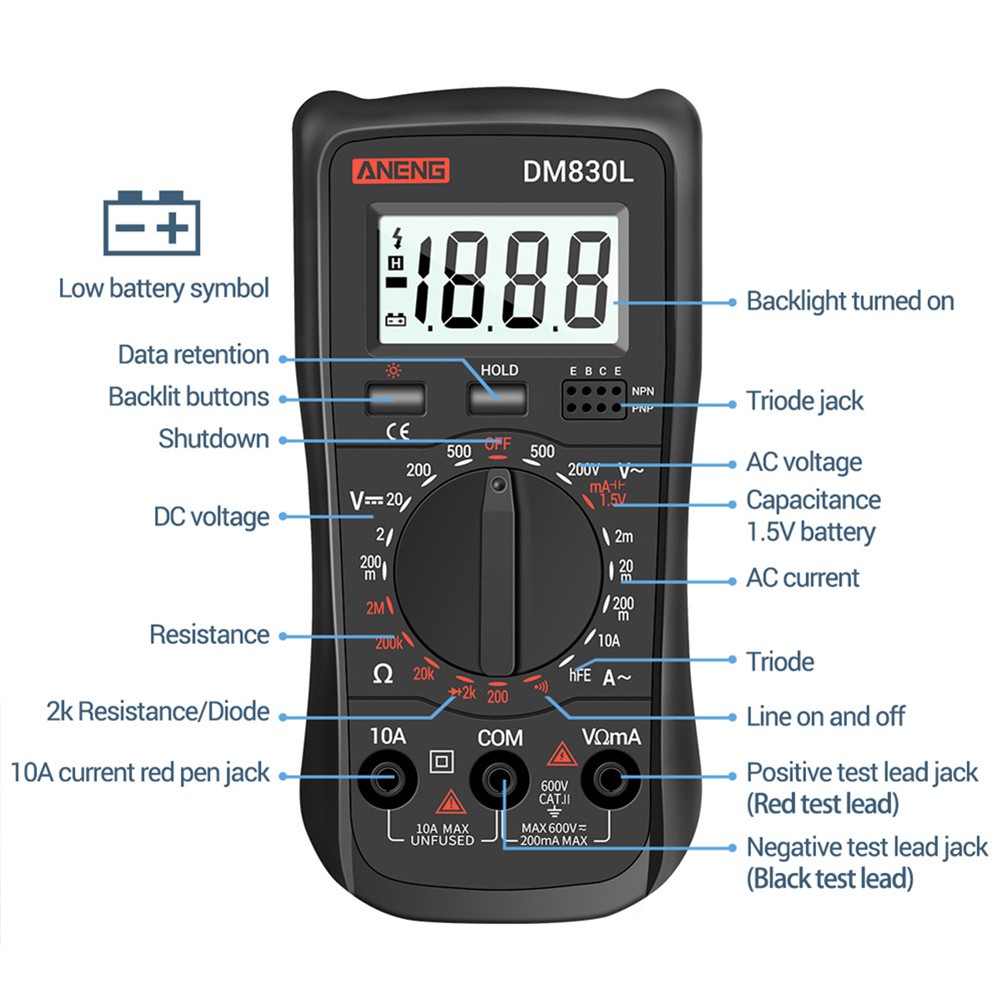 Đồng Hồ Đo Điện Áp Và Cường Độ Dòng Điện Aneng Dm830L Màn Hình Lcd