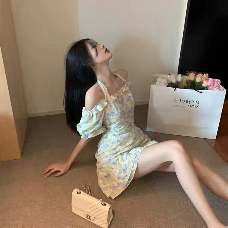 Đầm trễ vai Perty họa tiết hoa dáng ngắn phong cách Hàn Quốc thời trang gợi cảm mùa hè cho nữ
