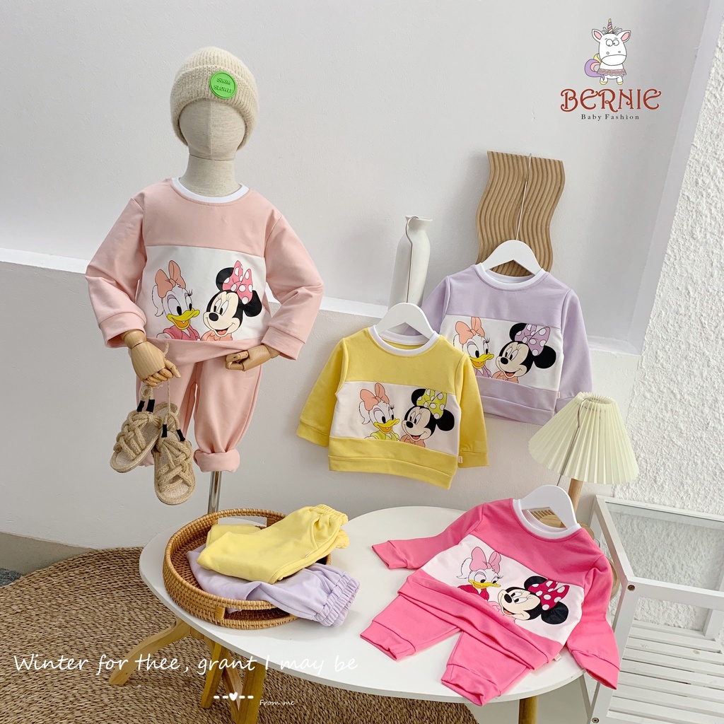 Quần áo trẻ em, bộ quần áo cotton dài tay Mickey màu hồng, màu vàng, màu tím cho bé gái từ 9kg đến 18kg của BERNIE
