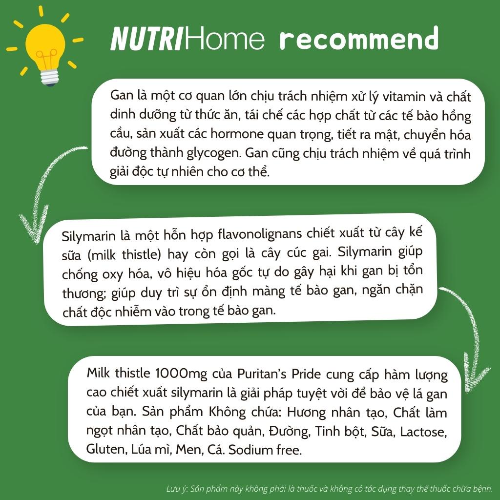 Viên uống Milk thistle 1000mg Puritan’s Pride bảo vệ tế bào gan, chống oxy hóa, hỗ trợ thải độc gan (Nutri Home)(90 viên