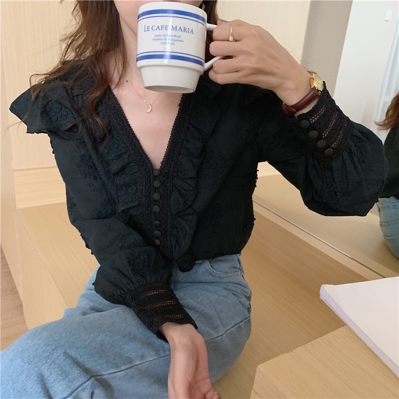 Áo Sơ Mi Cổ Chữ V Tay Dài Thêu Ren Phong Cách Mới 45449