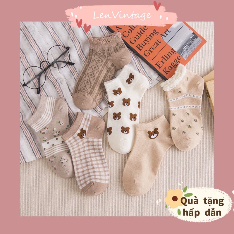 V04D/Tất vớ cổ ngắn hoa nhí vintage phong cách Nhật Bản phối hợp giày dép oxford lolita Hàn Quốc con