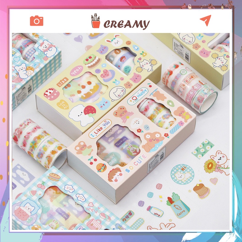 Hộp 5 cuộn washi tape + 9 tờ sticker Băng dính washi tape nhiều hình cute dễ thương CREAMY WST130