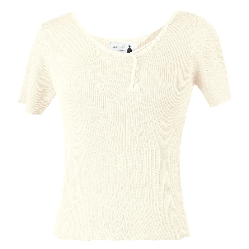 Áo Crop Top Dệt Kim Tay Ngắn Cổ Chữ V Phối Nút Đơn Giản