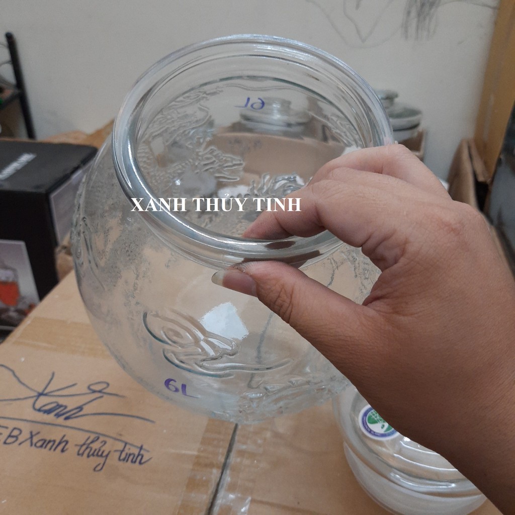 Chum thủy tinh họa tiết rồng phượng, dày dặn - Dung tích - 6 lít